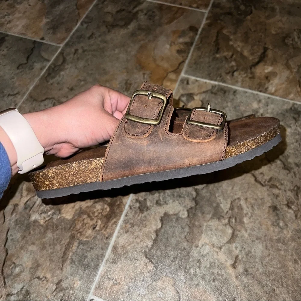 NEW White Mountain Helga Brown Double Strap Leather Slide Sandals - Picture 11 of 12